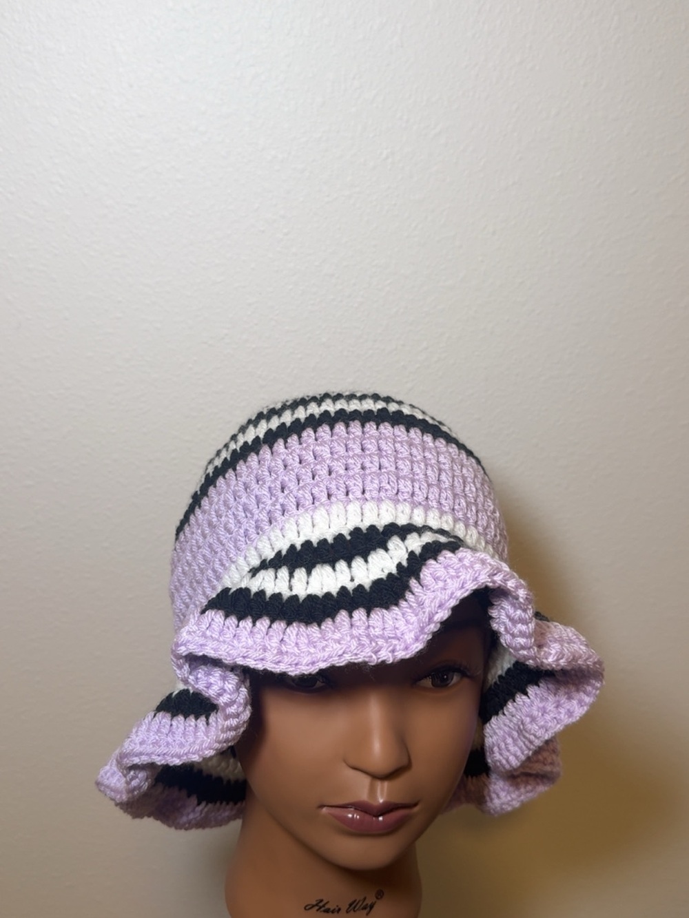 Handmade Crocheted Ruffle Bucket Hat - Lavender & Black
